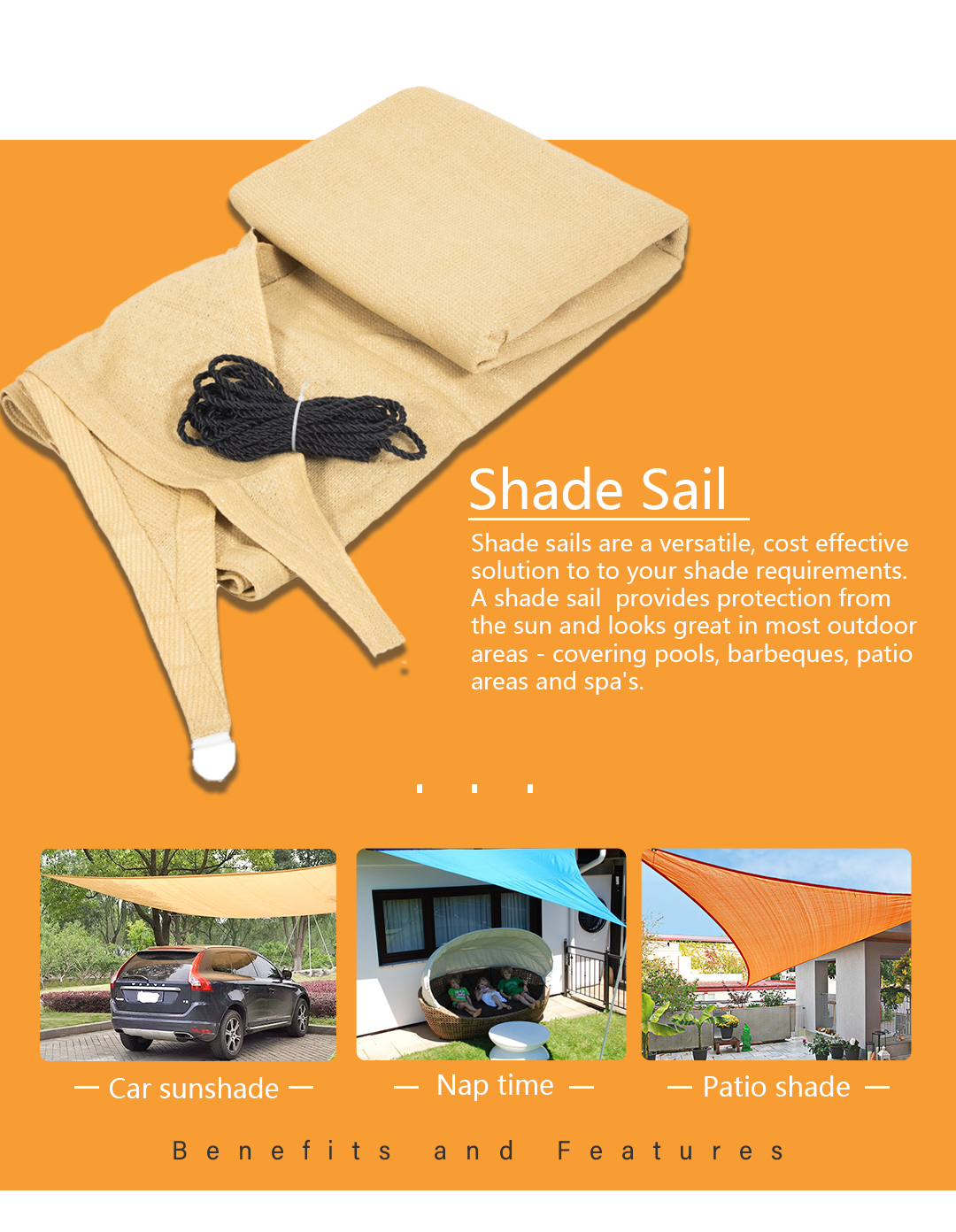 HDPE Outdoor Sun Shade Sails Balcony Shade Sails with Lamp from China